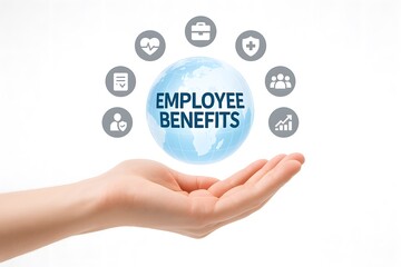 A human hand presents floating icons around the words employee benefits. Concept of workplace compensation and staff welfare strategy.