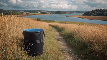Obraz premium Black metal barrel on a scenic path