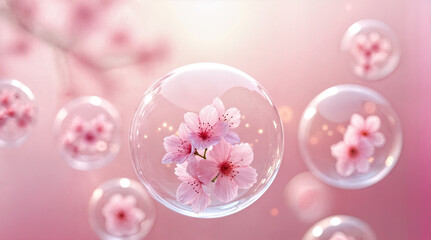 Cherry blossoms bloom within translucent spheres, like nature&rsquo;s breath held in time. The pastel background glows with quiet serenity. This fragile moment feels eternal and weightless.