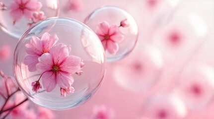 Petals of sakura are protected in shimmering bubbles, drifting through a glowing pink world. Each flower seems to tell a silent story. It&rsquo;s a delicate symphony of color, light, and grace.