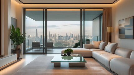Modern luxury living room with panoramic glass windows, wooden floor, and cozy furniture in daylight.