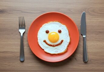 Playful Breakfast: Smiley Face Fried Egg with Ketchup Eyes and Mouth on an Orange Plate with Fork and Knife