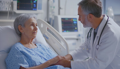 Fototapeta premium The doctor talks with old woman patient in the hospital room