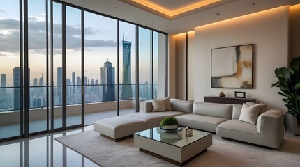 Modern luxury living room with panoramic glass windows, wooden floor, and cozy furniture in daylight.