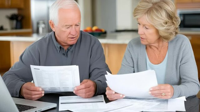 Elderly couple reviews financial documents at home in a modern kitchen while preparing for retirement