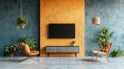 Modern living room with vibrant orange and blue walls