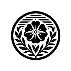 Black & White Floral Crest, Minimalist Design Element