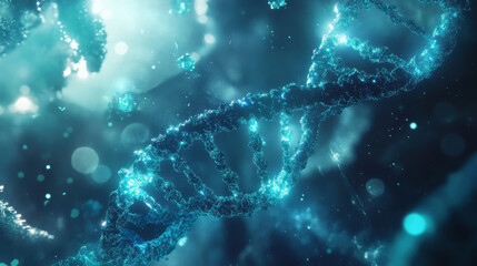 Highly detailed 3D DNA helix with glowing particles, medical research background, blue and teal lighting, scientific illustration.