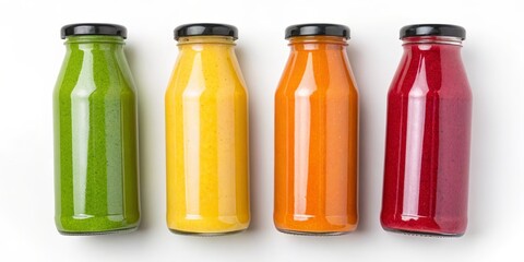 Four Colorful Bottles of Smoothie, Top View, Glass Bottles, Healthy Drink, Smoothie Photography Smoothie, Healthy Drinks