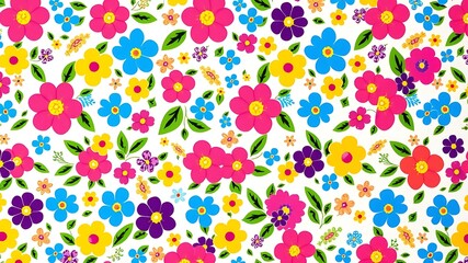 Bright colorful floral pattern with playful flowers blooming on a white background