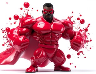 Red Superhero Posing with Cape and Splattered Paint Against White Background