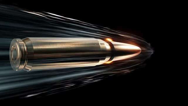 A realistic bullet flying through the air against a black background, with motion blur and speed lines.