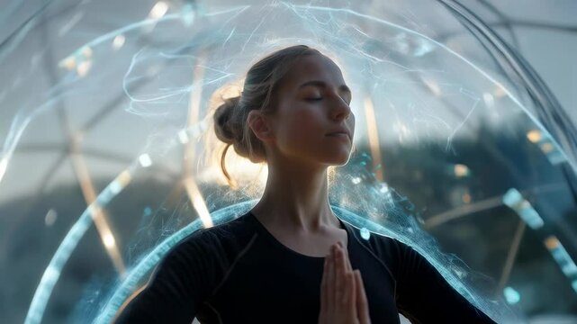 A young woman practicing tai chi moves slowly in a glass dome surrounded by holographic health data streams.