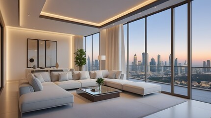 Modern luxury living room with panoramic glass windows, wooden floor, and cozy furniture in daylight.