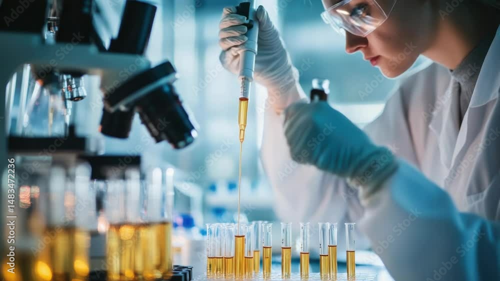 Poster a scientist holds a tube of liquid with protective goggles and lab coat, suitable for medical or sci