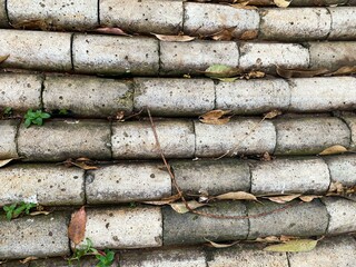 Concrete Brick Floor with Dry Leaves