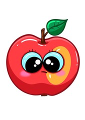 Cute cartoon apple character with big eyes and leaf on white background