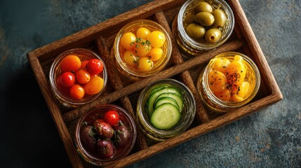Rustic Wooden Tray with Pickled Vegetables Jars for Home Cooking