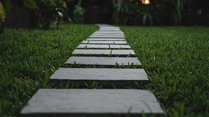 A pathway of gray stones leads to a dark background.