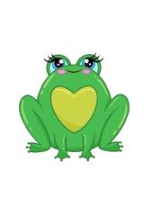 Cute cartoon frog with heart-shaped marking and big blue eyes on white background