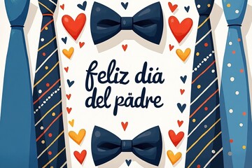 Blue ties, bow - ties, and colorful hearts on a white background, with black text "feliz día del pádre" in the middle, suitable for Spanish - speaking Father's Day designs, ideal for cards, gifts,