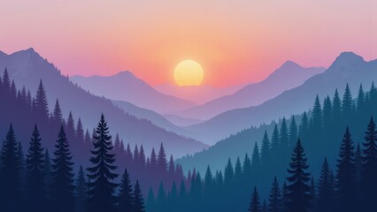 Obraz premium Mountain Landscape Sunset: Pine Forest, Silhouette Layers, and Pastel Sky - Vector Illustration for Nature, Travel, and Design