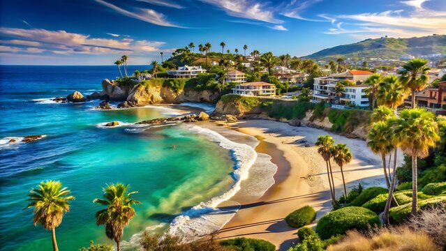 Scenic aerial view of a tropical beach with turquoise waters and luxurious houses
