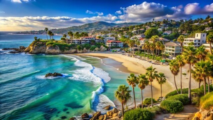 Fototapeta premium Beautiful coastal scenery featuring turquoise ocean water and tropical beach with palm trees