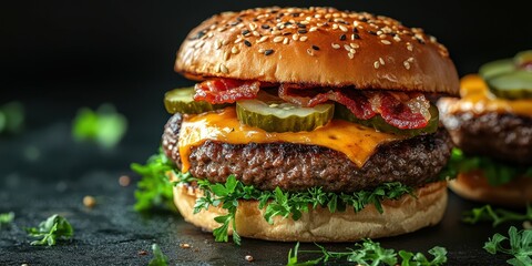 Delicious cheeseburger with lettuce, pickles, and crispy bacon on a sesame seed bun ready to be served