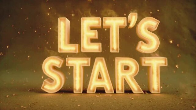 Radiant Gold "Let's Start" Text Emerging Slowly from Darkness with Subtle Light Rays and Spark Particles, 4K Cinematic

