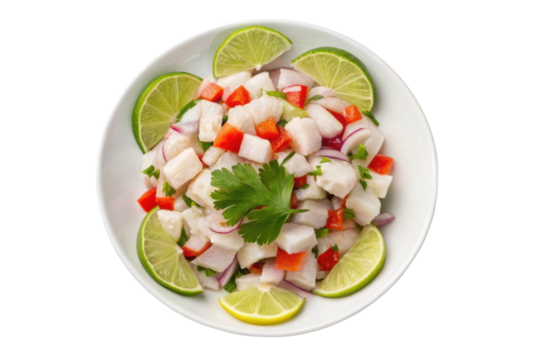 PNG Fresh peruvian ceviche with lime and cilantro garnish on white plate