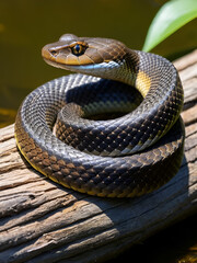 Obraz premium Close-up of a cottonmouth snake coiled on a log in its natural wetland habitat, showcasing its features