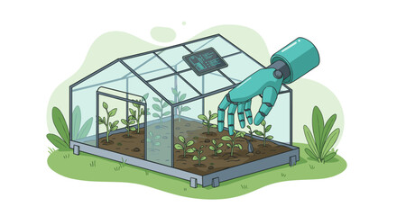 Smart robot arm tending to plants inside modern greenhouse  