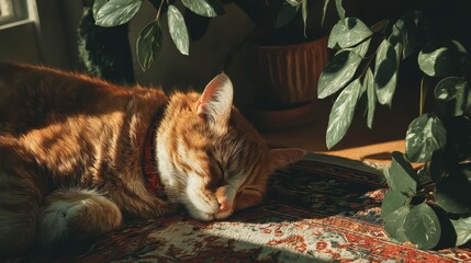 Cozy Cat Napping on Rug Near Green Plant