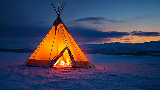 Experience the warmth of a campfire inside a tent under the starry night sky, creating a cozy and inviting atmosphere.