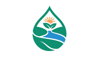 Eco Friendly Nature Water Drop Logo. Sustainable Agriculture, River, Leaf, and Sun Vector Icon.