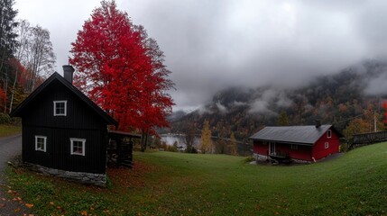 A panoramic view of a forest with two houses, one black and one red, nestled among the trees.