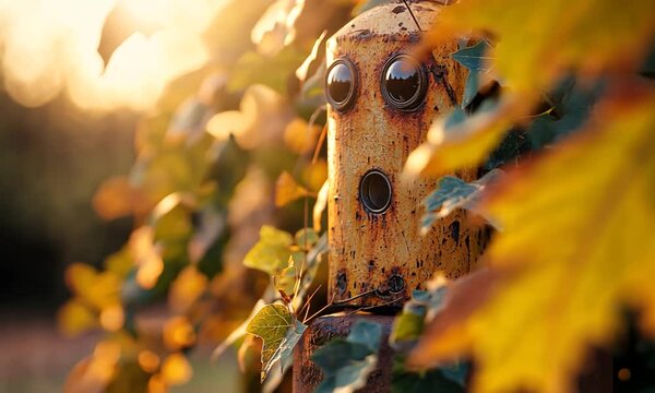 Rusty yellow object with eyes surrounded by lush green ivy in a serene outdoor setting
