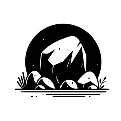 Minimalist Landscape Silhouette: Mountain, Grass, and Lake, Black & White Vector