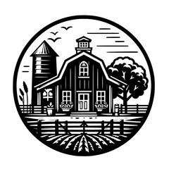 Fototapeta premium Farmhouse Illustration in Circle, Black & White, Rural Landscape