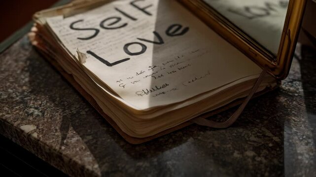 Open personal journal displaying a self-love affirmation handwritten on the aged paper pages on a marble table with natural light