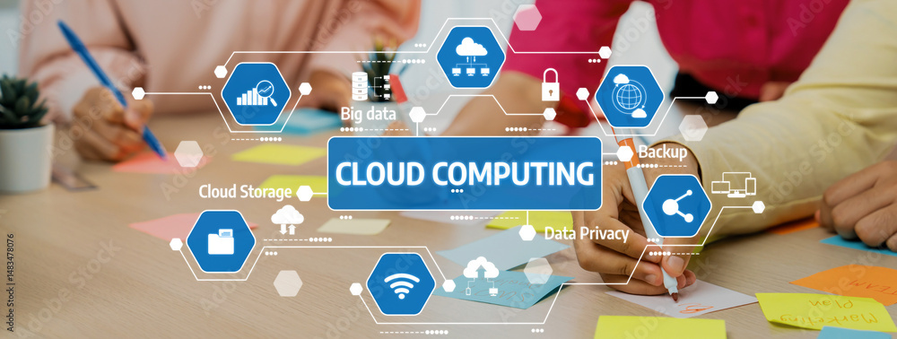 Poster engaging workspace showcasing cloud computing themes, emphasizing data privacy and backup, with hand