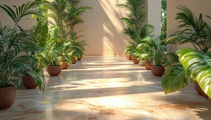 Obraz premium A hallway with tropical plants in woven pots, illuminated by sunlight. It evokes tranquility, ideal for wellness, interior design or spa imagery.