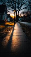 Obraz premium Sunset casting long shadows on a quiet suburban sidewalk during early evening hours