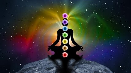 Silhouette of a person meditating with 7 chakra areas on the body