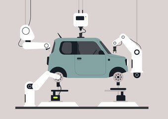 A modern factory designs and produces compact kei cars with precision robotics, showcasing efficiency and innovation in the automotive industry, the process embodies advanced engineering techniques