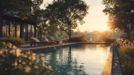 Serene Pool at Sunset with Beautiful Reflections