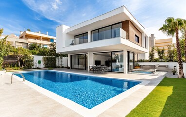 Fototapeta premium Modern villa with pool, spacious outdoor living area, and contemporary architecture.
