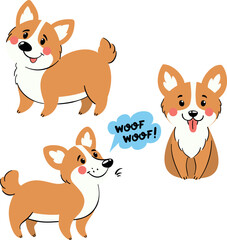 Set of 3 cute corgi illustrations in flat cartoon style. Adorable dogs in playful poses, isolated on white background. Vector art perfect for kids, stickers, cards, and pet-themed designs.