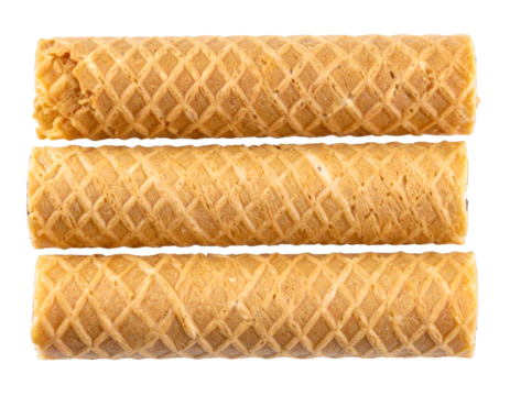 Three crispy wafer rolls lying horizontally on transparent background